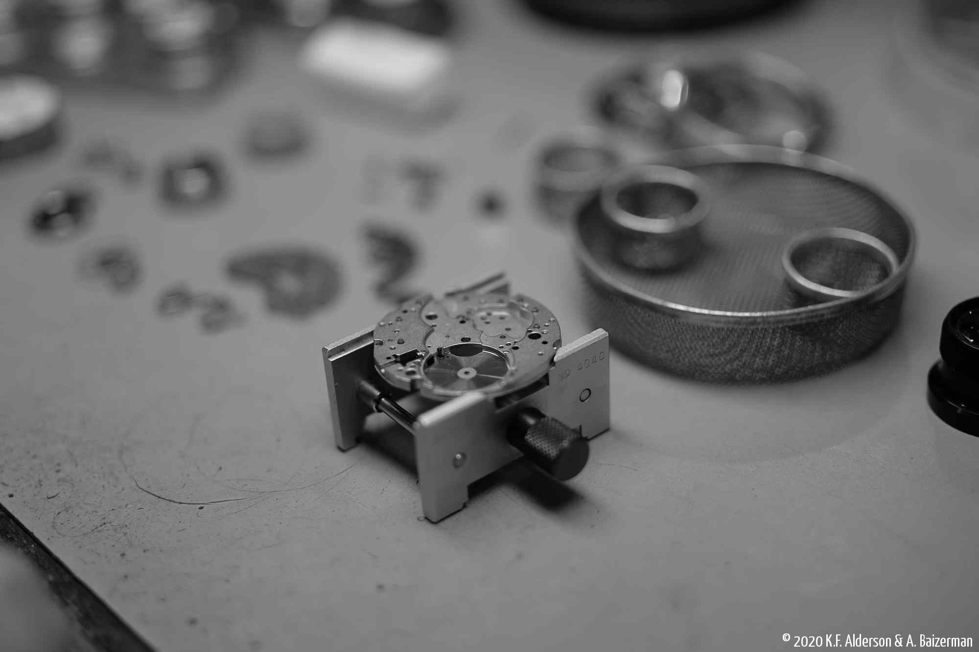 Chronograph movement in holder for inspection